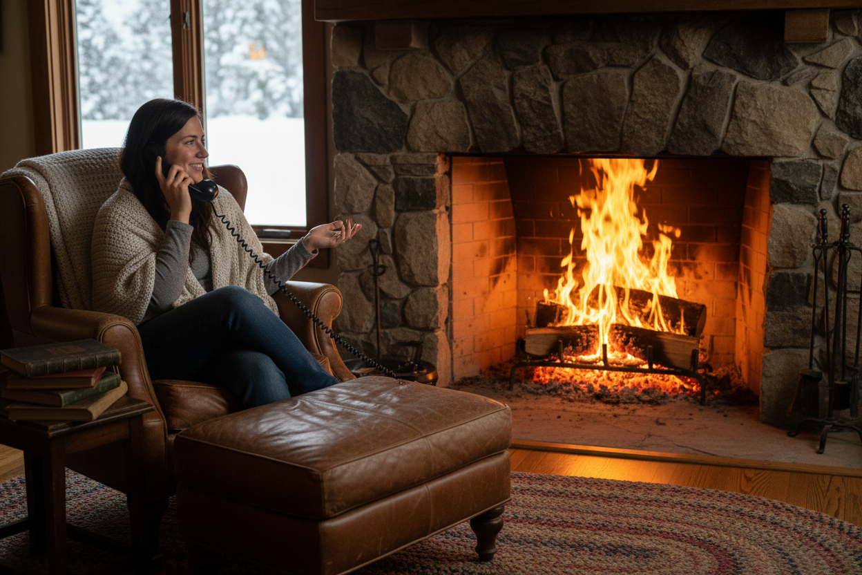 Picture of a person sitting in front of of a log fire on the telephone